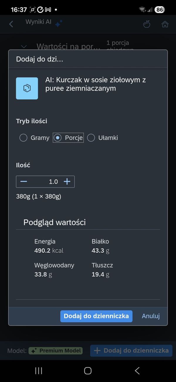 Dodawanie produktu do dziennika diety