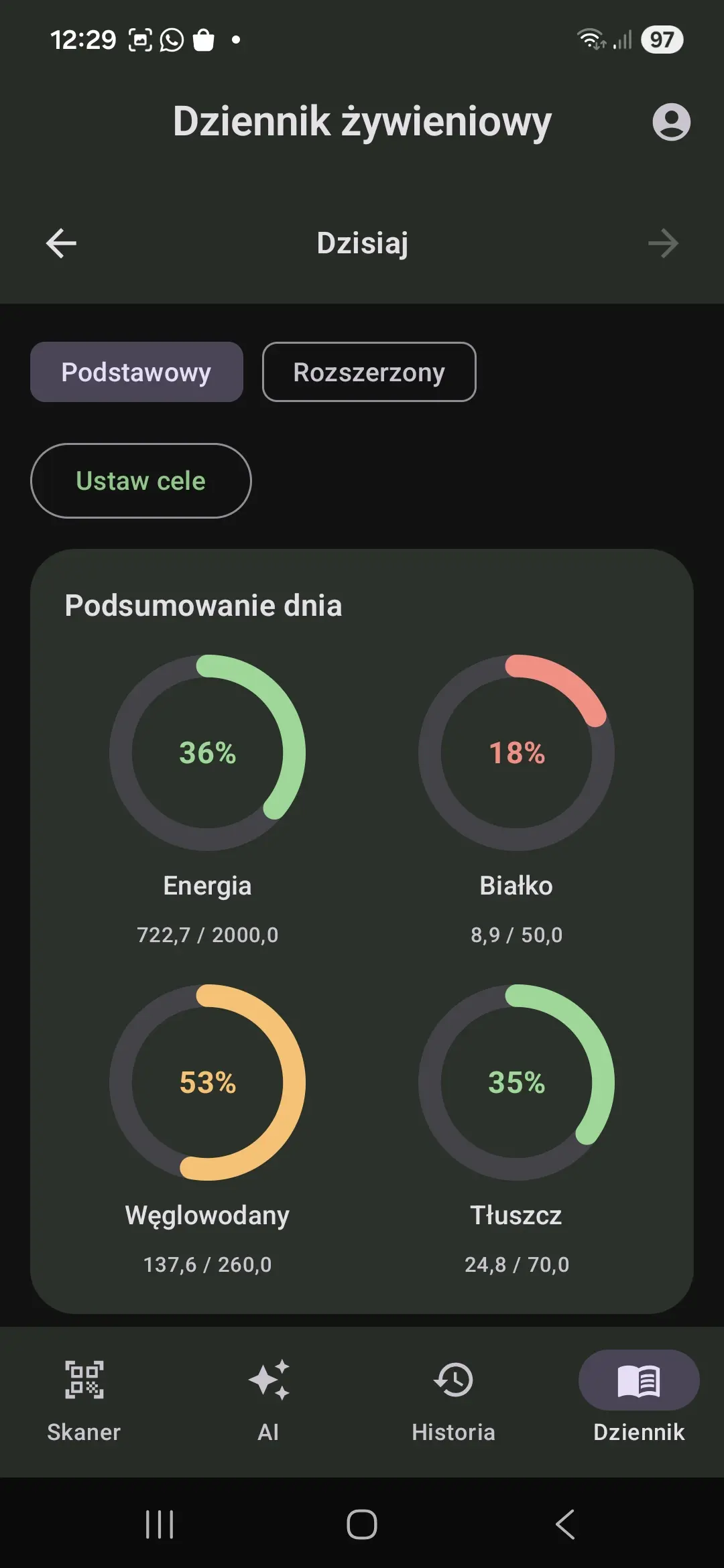 Widok wartości odżywczych zapisanych w dzienniku diety