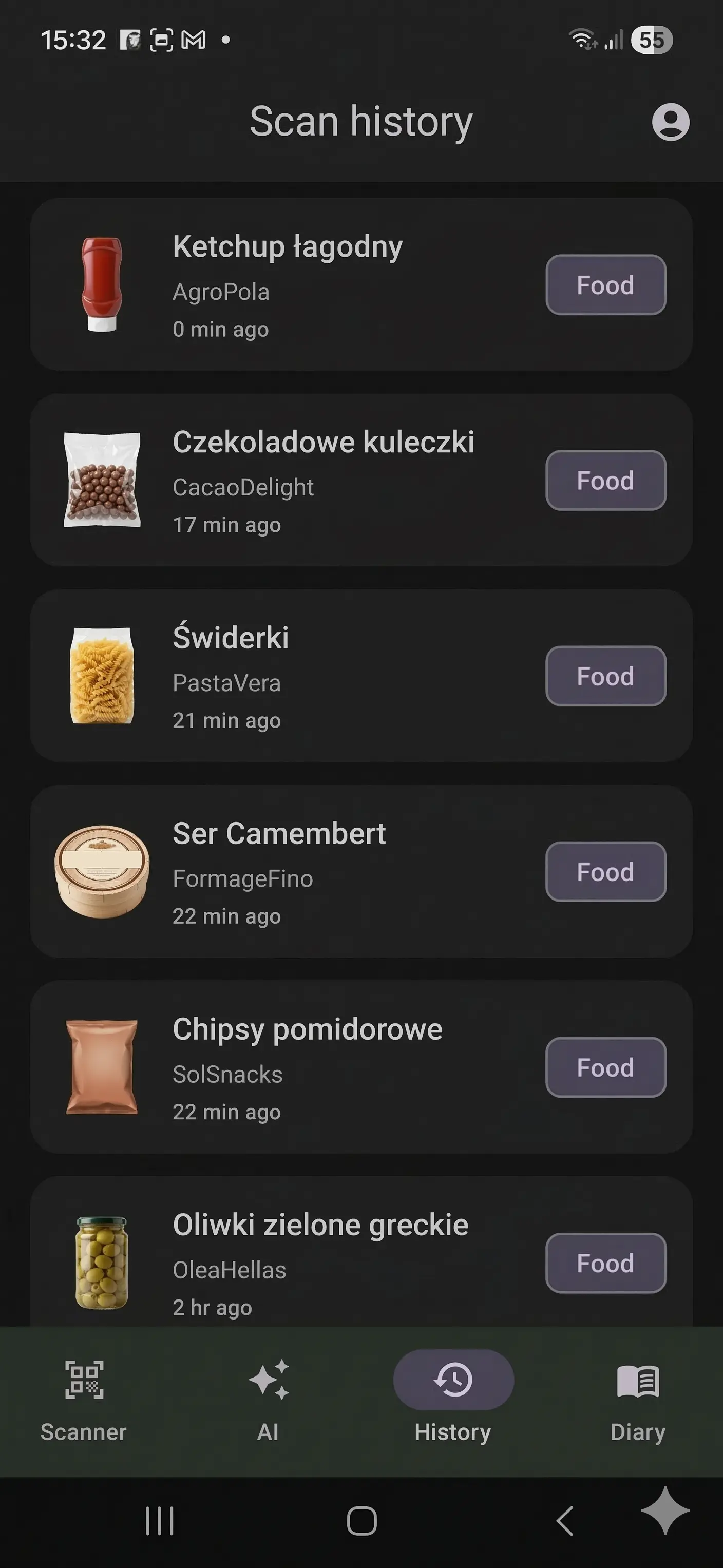 Natywny ekran Android z historią skanowań