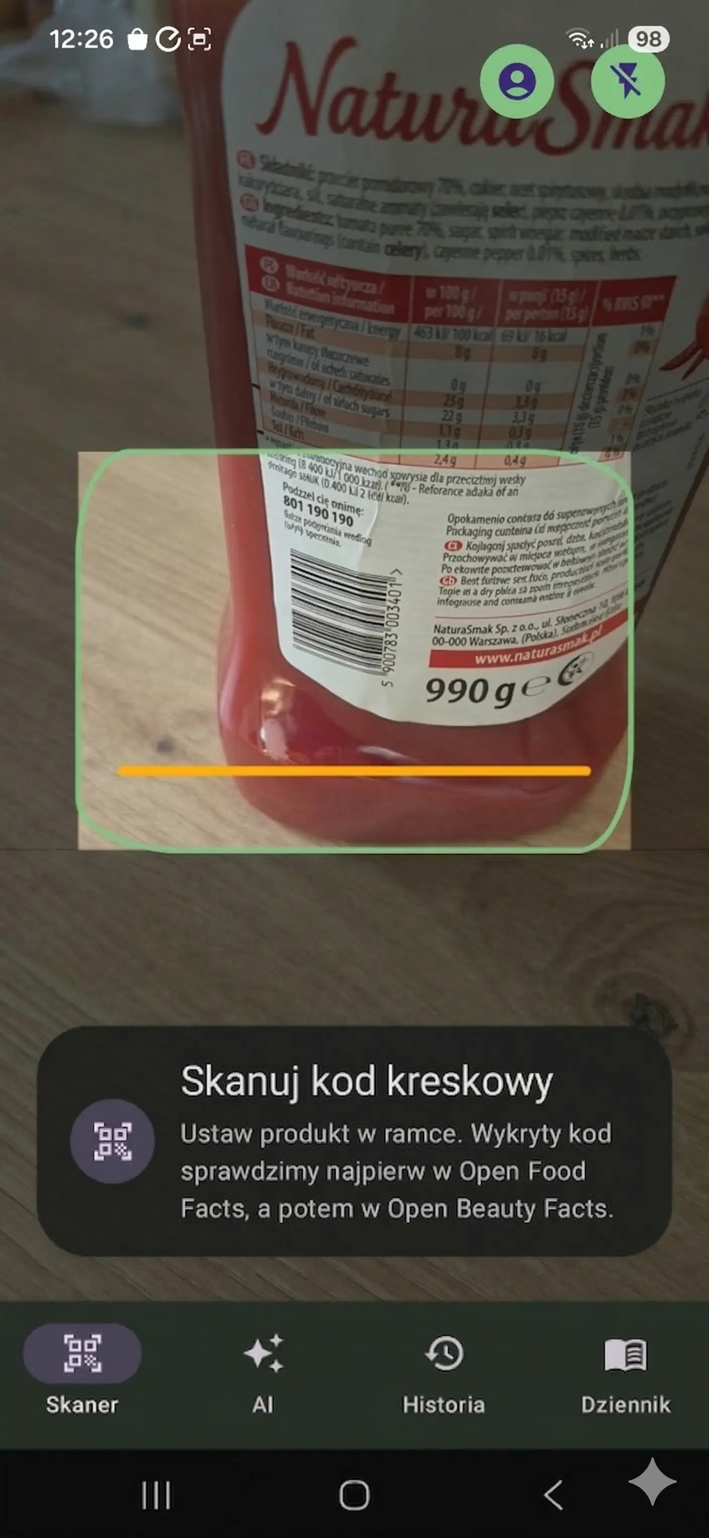 Natywny ekran Android rozpoczynający skanowanie ketchupu w aplikacji Oko na skład