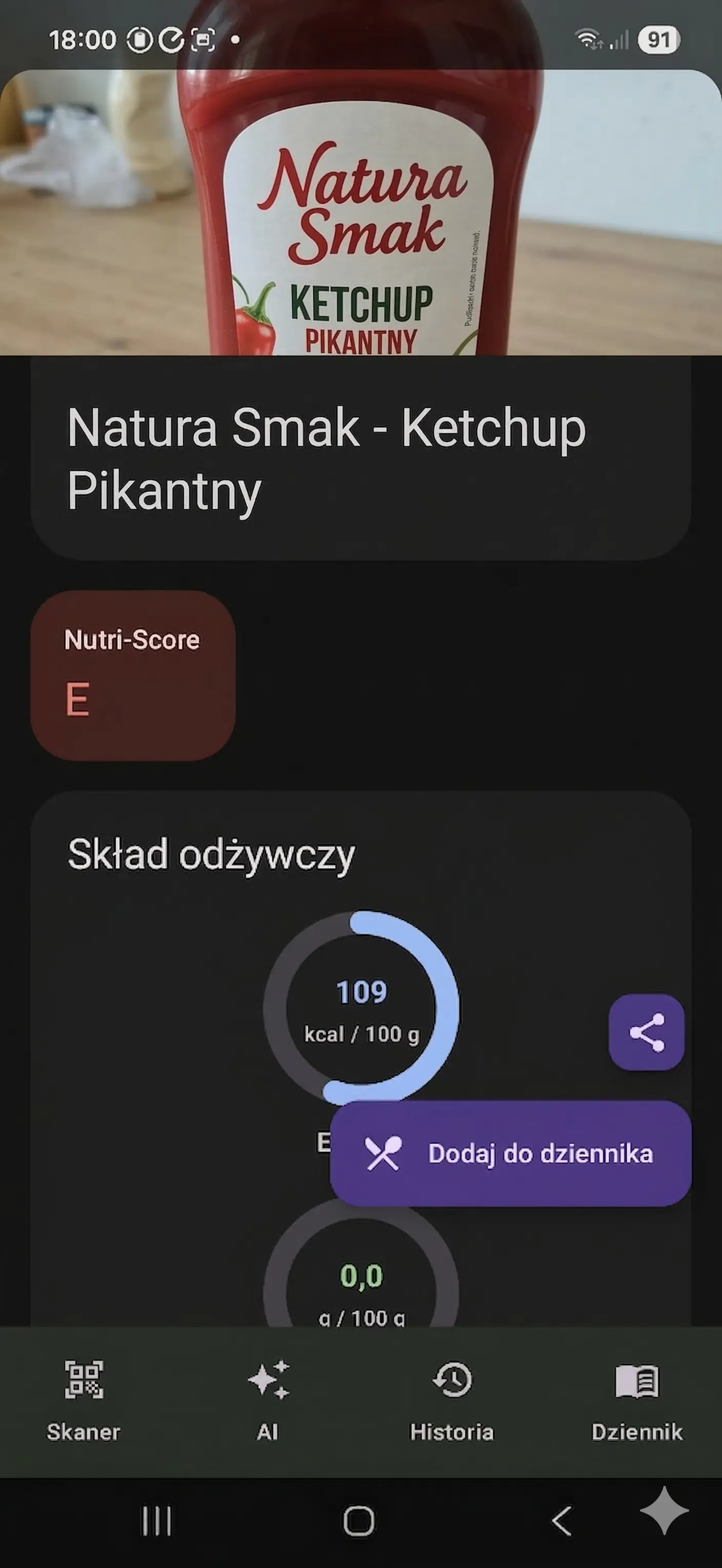 Natywny ekran Android z wynikiem skanowania ketchupu i szczegółami produktu w aplikacji Oko na skład