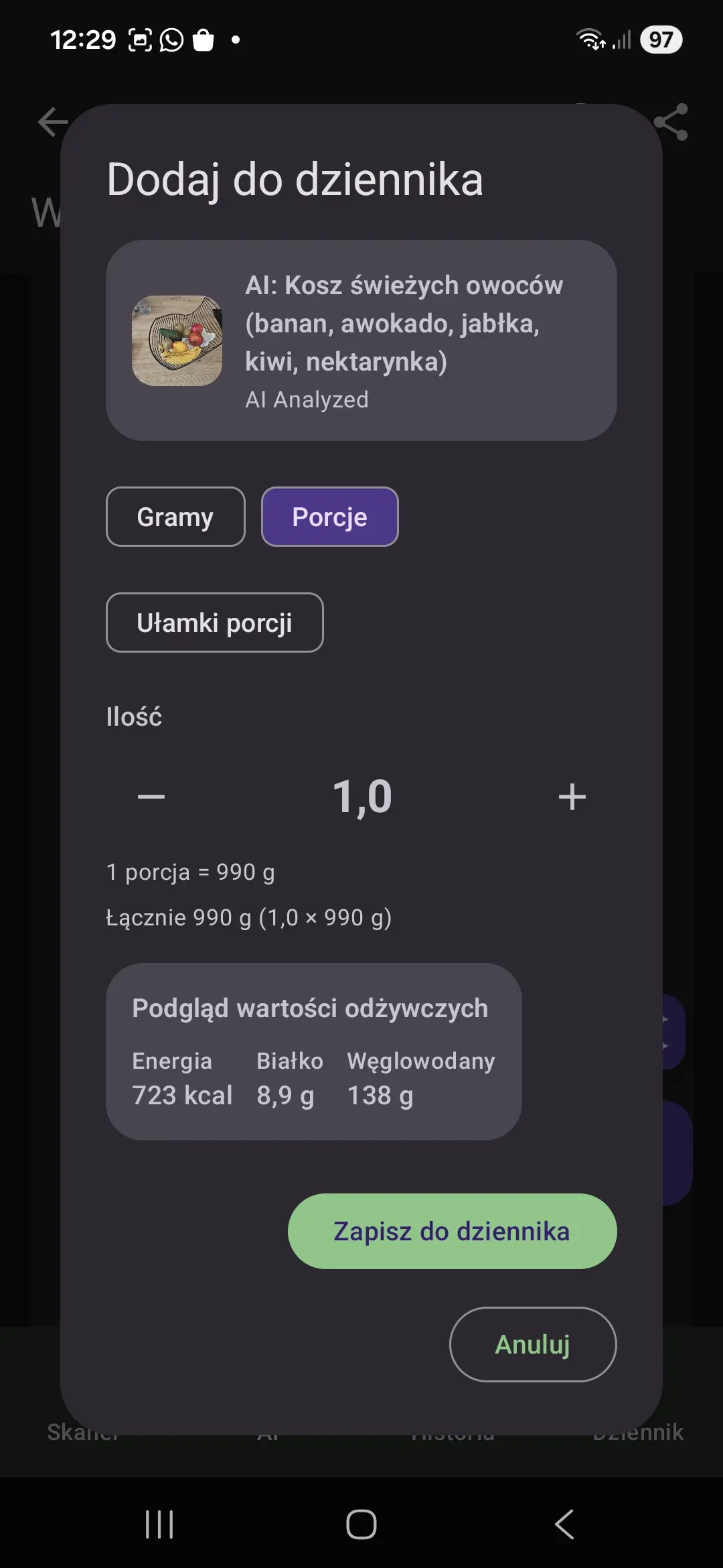 Dodawanie produktu do dziennika diety w aplikacji Oko na skład