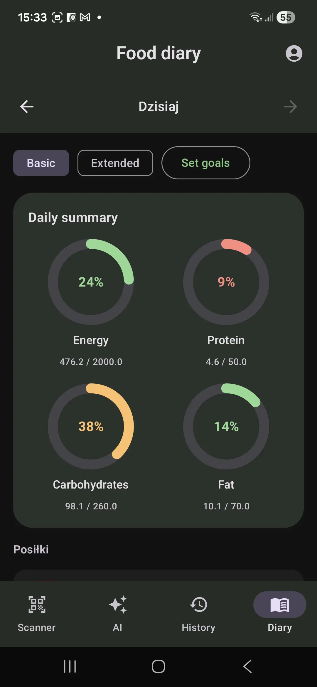 Widok dziennika diety w aplikacji Oko na skład
