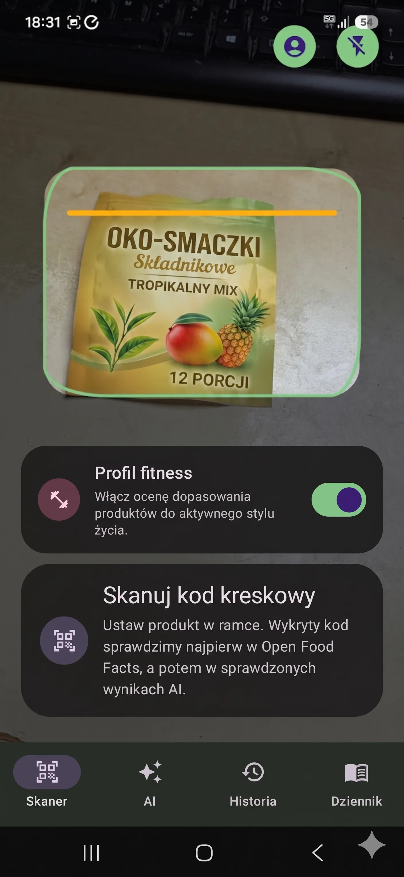 Natywny ekran Android rozpoczynający skanowanie produktu spożywczego w aplikacji Oko na skład