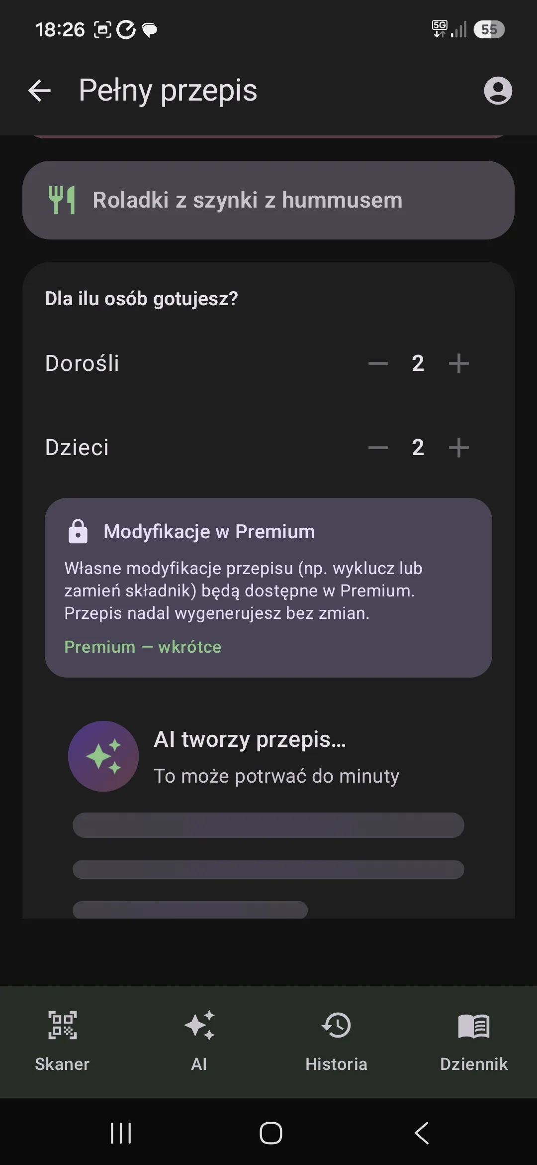Ustawienie liczby porcji przed wygenerowaniem pełnego przepisu
