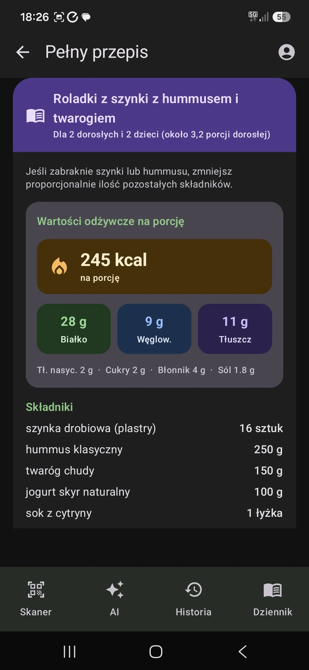 Wartości odżywcze posiłku na porcję oraz lista składników z ilościami