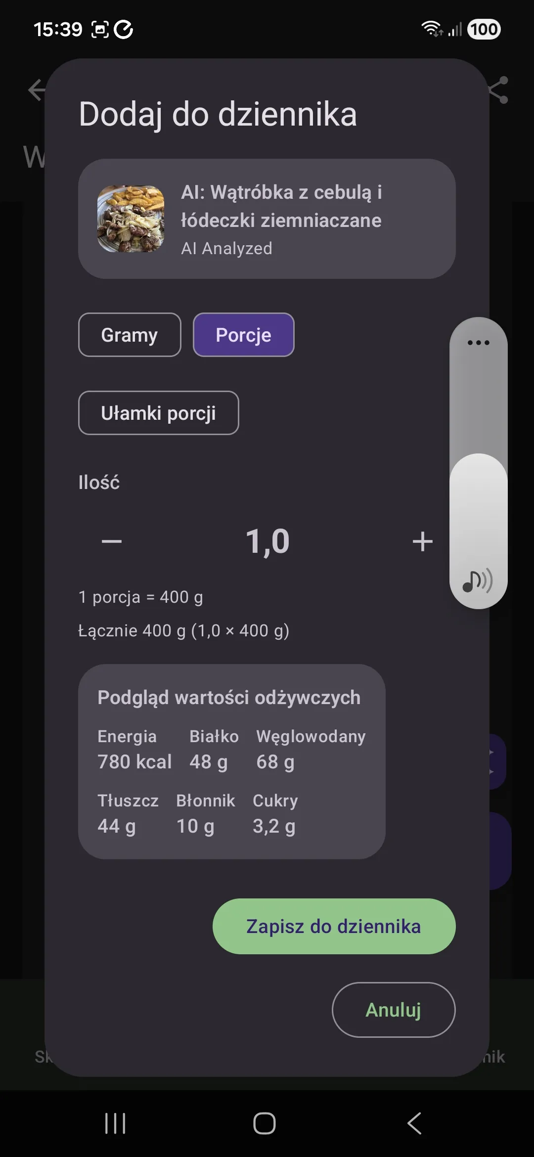 Natywny ekran Android dodawania produktu do dziennika diety