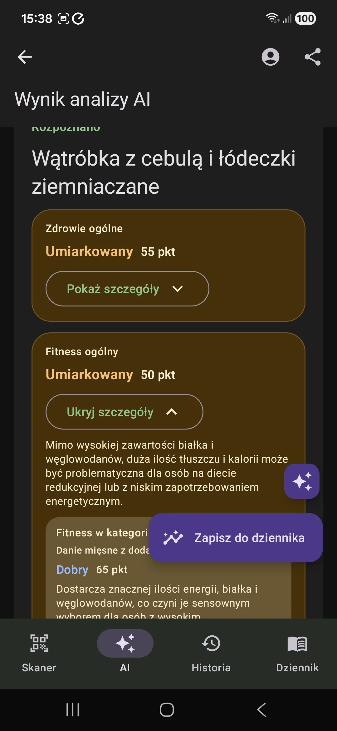 Natywny ekran Android z informacjami o składzie i wartościach odżywczych produktu