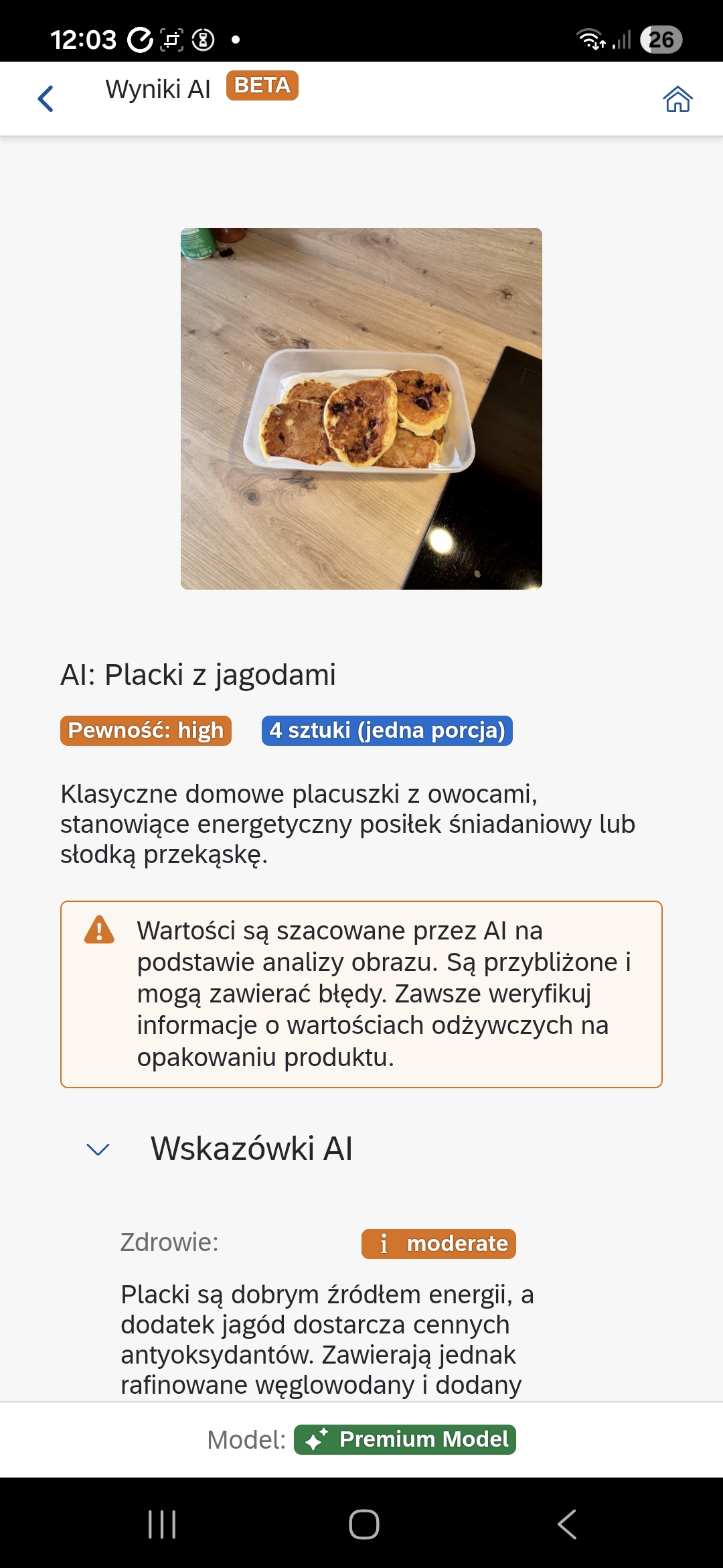 Wyniki analizy AI z wartościami odżywczymi