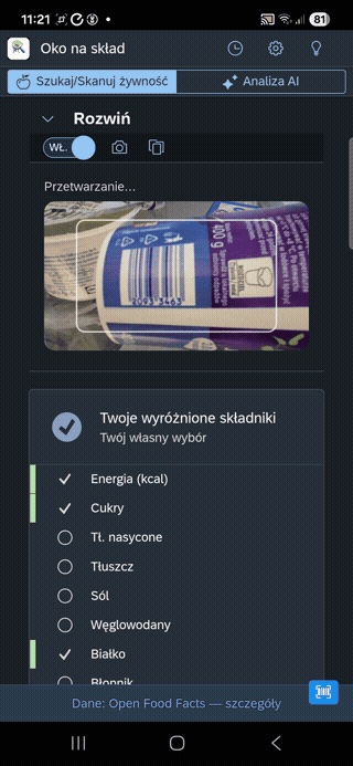 Skanowanie kodu kreskowego produktu spożywczego aparatem telefonu w aplikacji Oko na skład