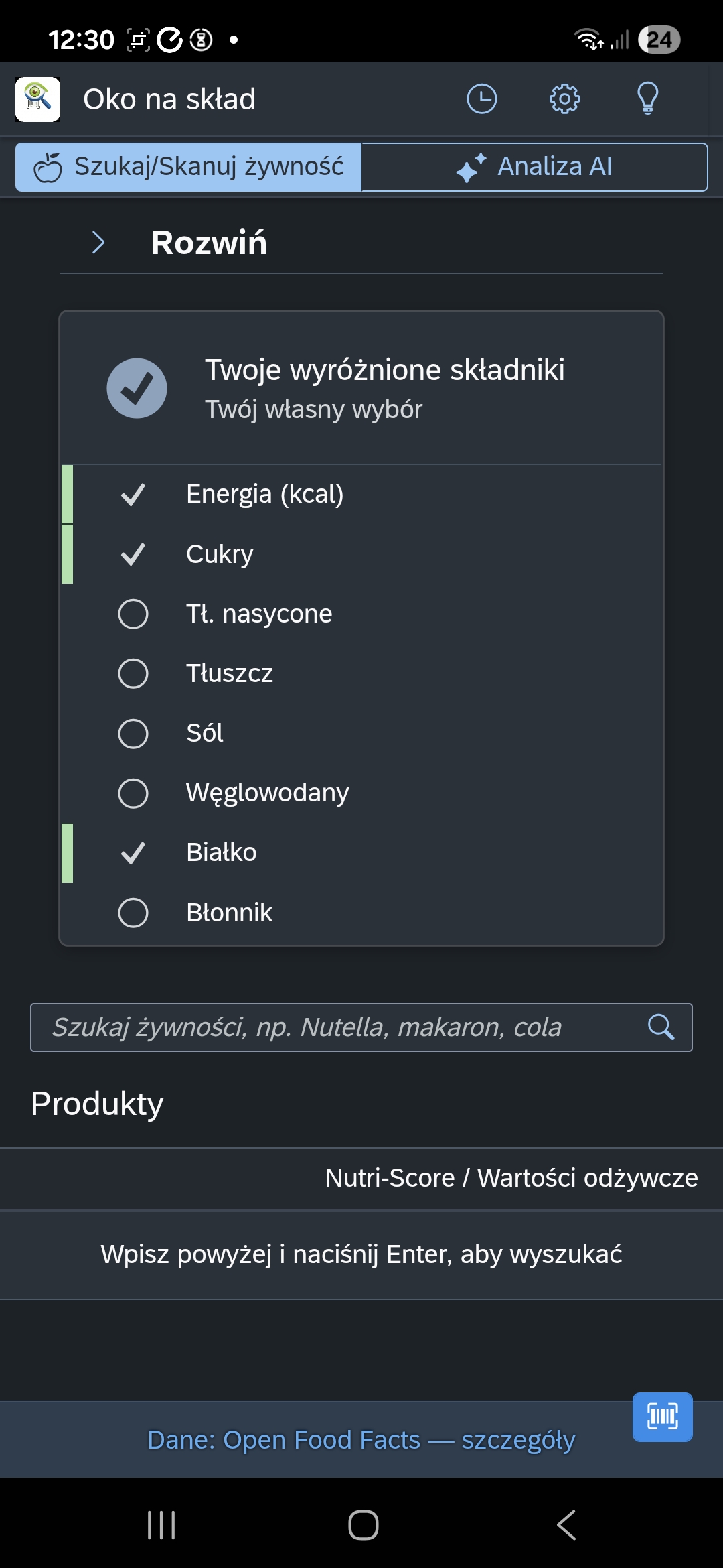 Aplikacja Oko na skład w ciemnym motywie - tryb nocny