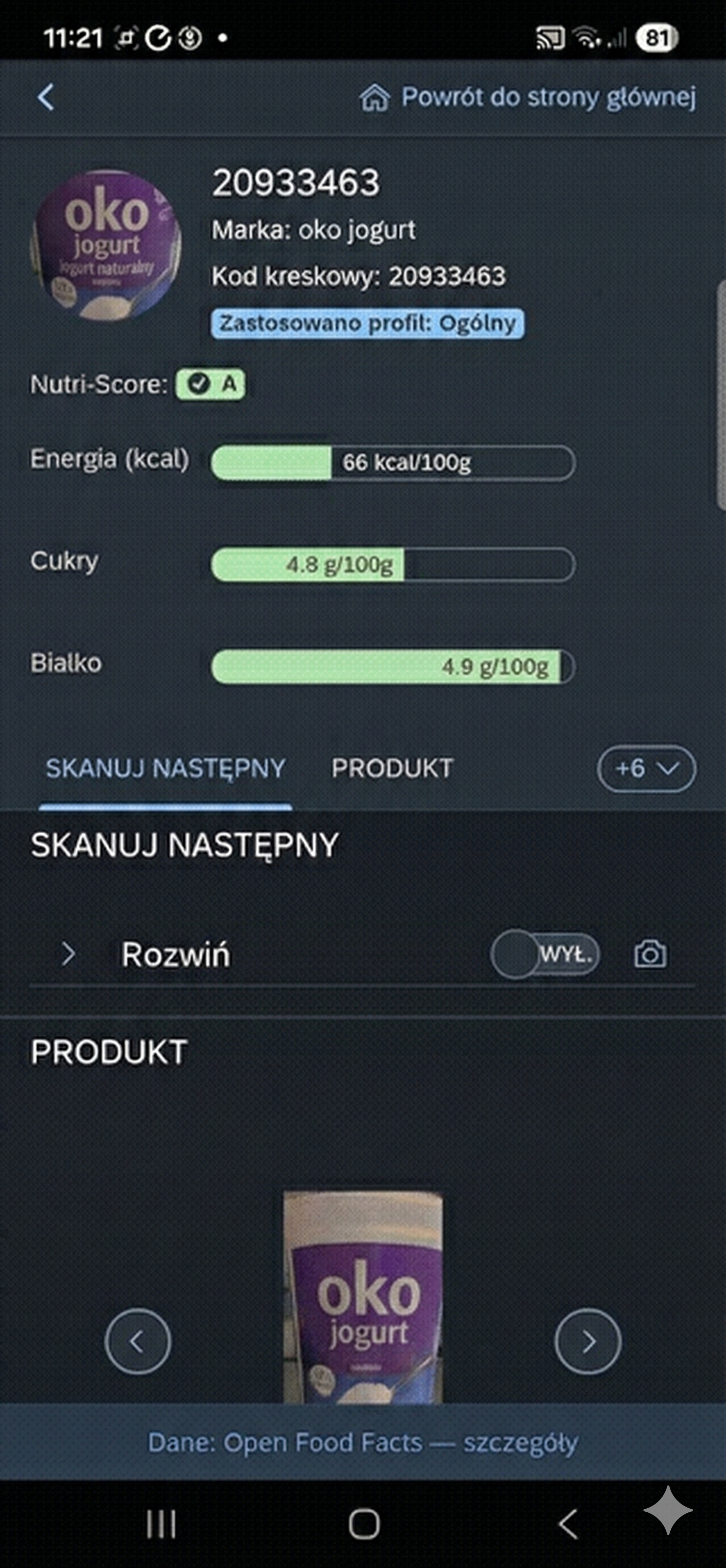 Wynik skanowania - wartości odżywcze i skład produktu wyświetlone w aplikacji Oko na skład